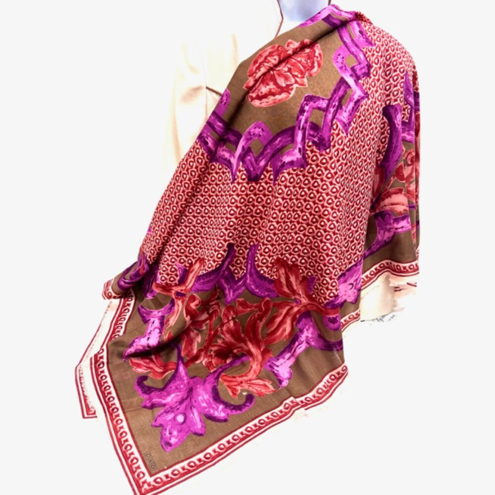 Vgt X-Lg PINTO  Scarf 70%Wool /30% Silk 54" Olive  purple burgendy  floral   (20